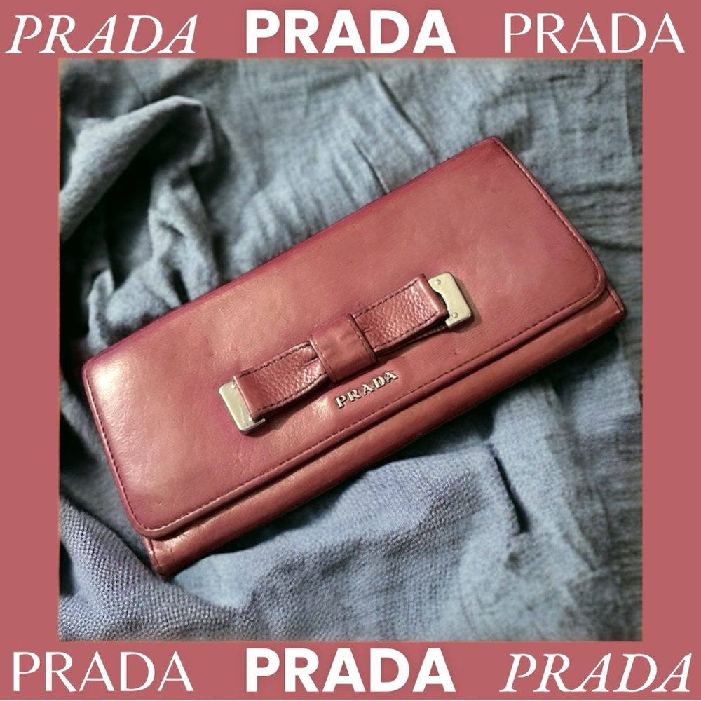 💎EUC💎 PRADA Leather Ribbon Bifold Clutch/Long Wallet 💎PRISTINE💎 Dusty Rose